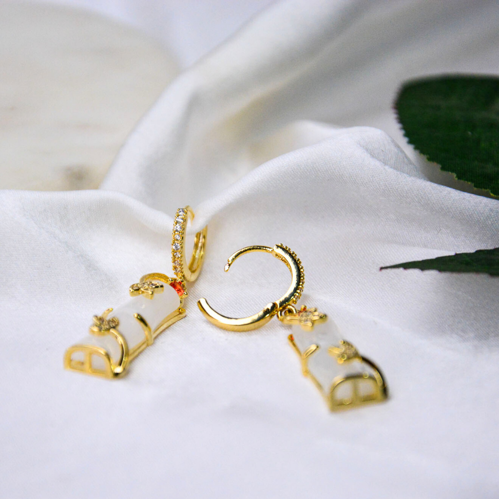 White Enamel Bamboo Drop Earrings - Image 2