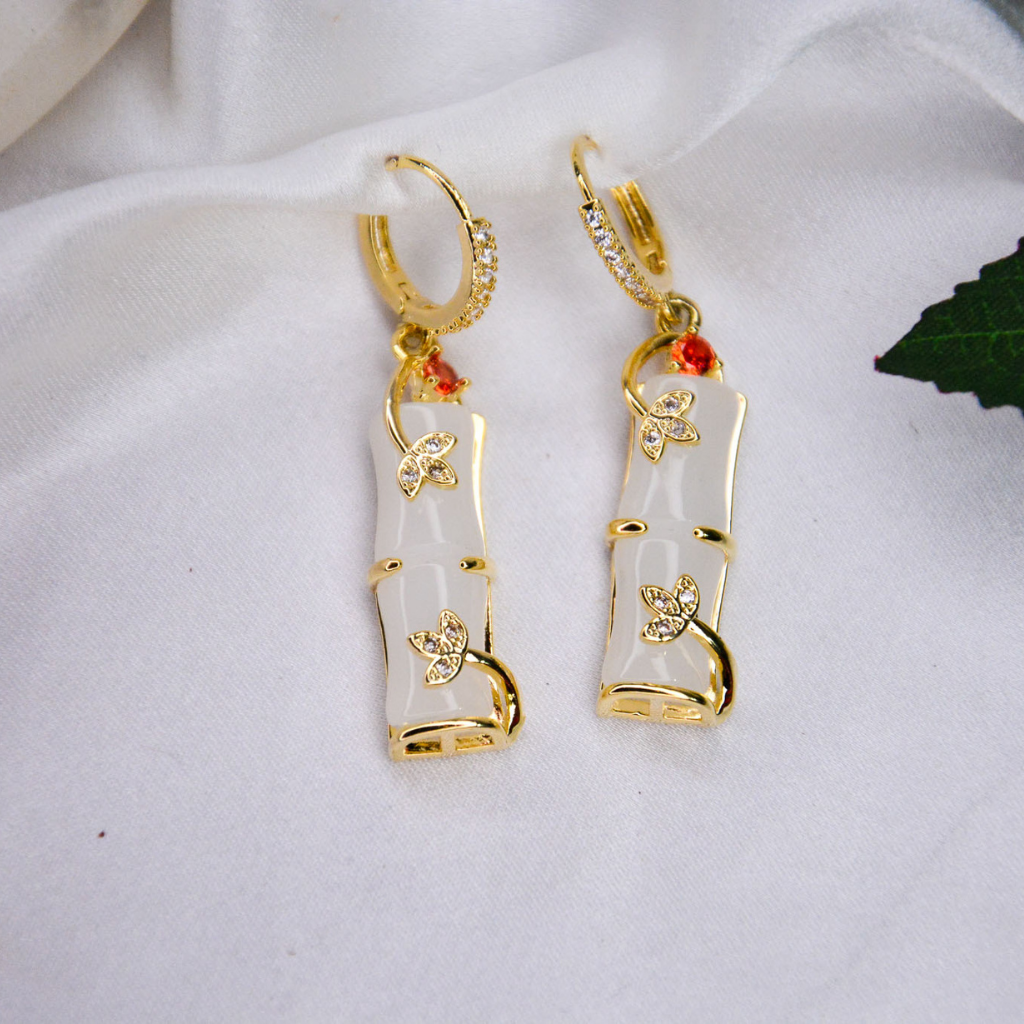 White Enamel Bamboo Drop Earrings - Image 4