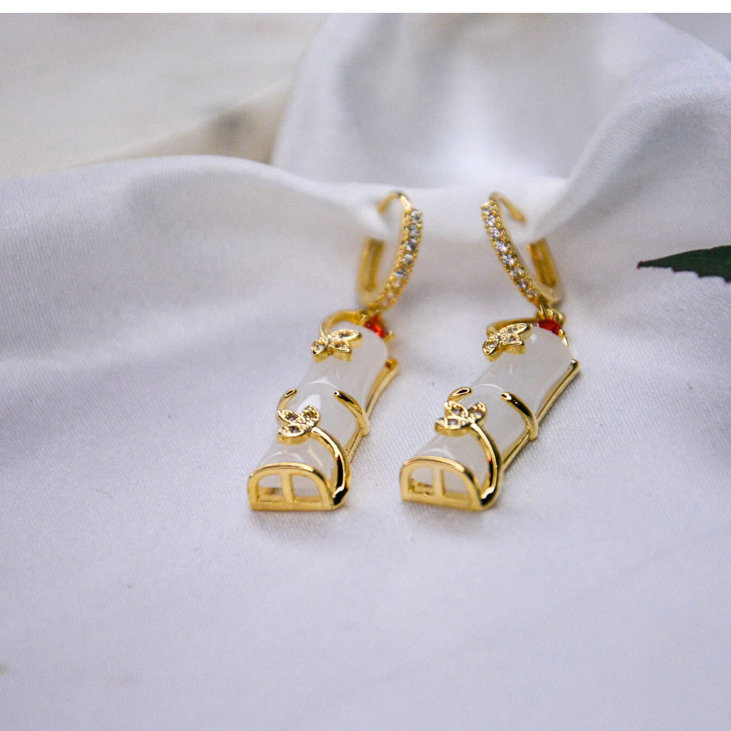 White Enamel Bamboo Drop Earrings - Image 3