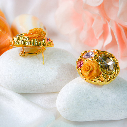 Golden Rosette Gem Cluster Earrings - Image 2