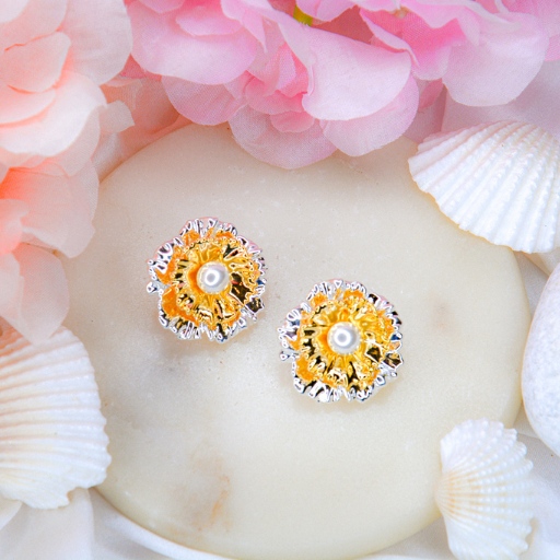 Dual-Tone Petal Pearl Stud Earrings