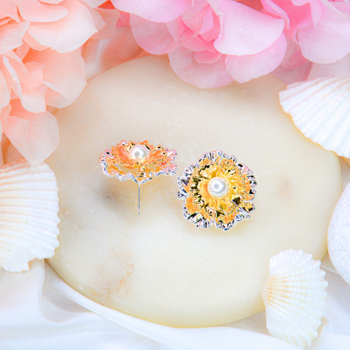 Dual-Tone Petal Pearl Stud Earrings - Image 2